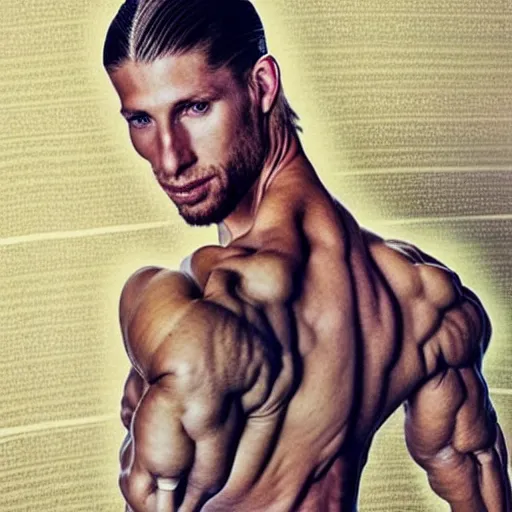 Image similar to a realistic detailed photo of a guy who is an attractive humanoid who is half robot and half humanoid, who is a male android, soccer player sergio ramos, shiny skin, posing like a statue, blank stare, in a living room, on display, showing off his muscles