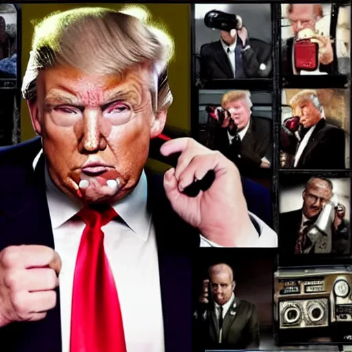 Image similar to Donald Trump using a rotary phone on the cover of a Call of Duty Game