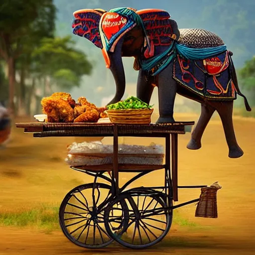 Image similar to “ an elephant selling fried chicken wings and sticky rice with a motorcycle cart in rural thailand. masterpiece. trending on artstation ”