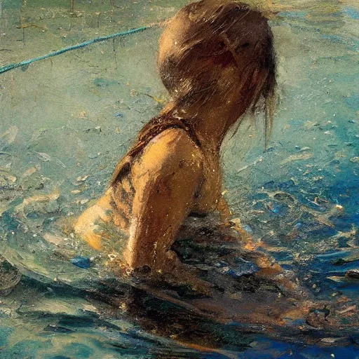 Prompt: Young Sissy Spacek swimming by Jeremy Mann, stylized, detailed, realistic, one inch thick, heavy impasto,loose brush strokes, simple, wholesome, earthy tones, touch of gold leaf