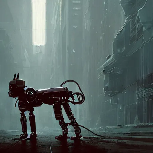 Prompt: a robot dog, in god's arms ， virtual engine engine, cyberpunk style ， hyperrealistic, by beeple, greg rutkowski, caspar david friedrich, smooth, illustration, elegant, artstation, digital painting.