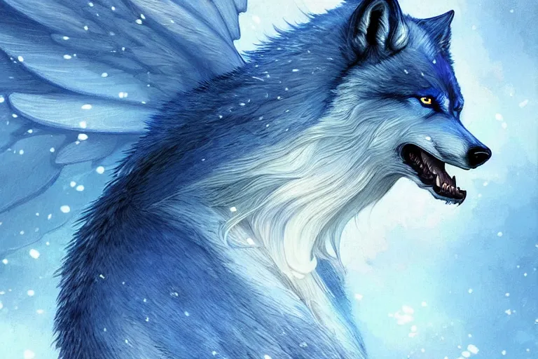 Image similar to blue wolf with wings, facing front, regal, elegant, winter, snow, beautiful, stunning, hd, illustration, epic, d & d, fantasy, intricate, elegant, highly detailed, digital painting, artstation, concept art, smooth, sharp focus, illustration, wallpaper, art by artgerm and greg rutkowski and alphonse mucha and jin xiaodi