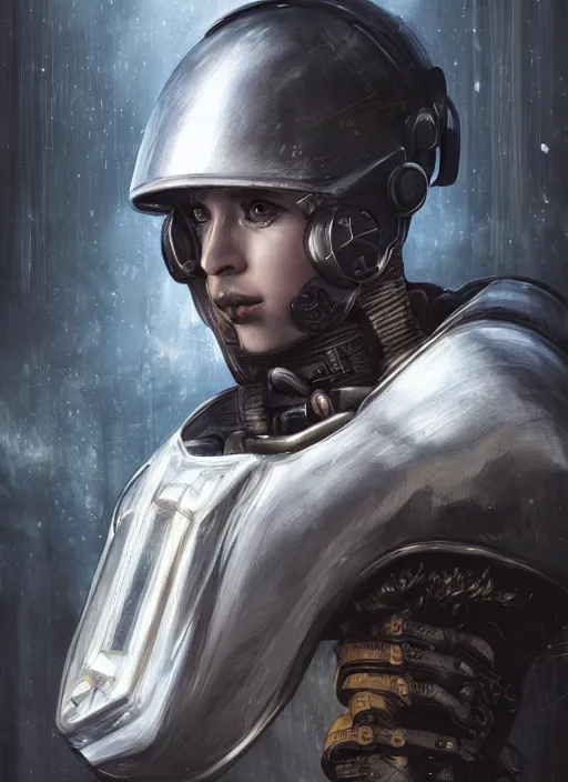 Prompt: of a hyper realistic digital art portrait of a cyberpunk war cleric in a futuristic pearl armor, tech helmet, dark gloomy environment two moons