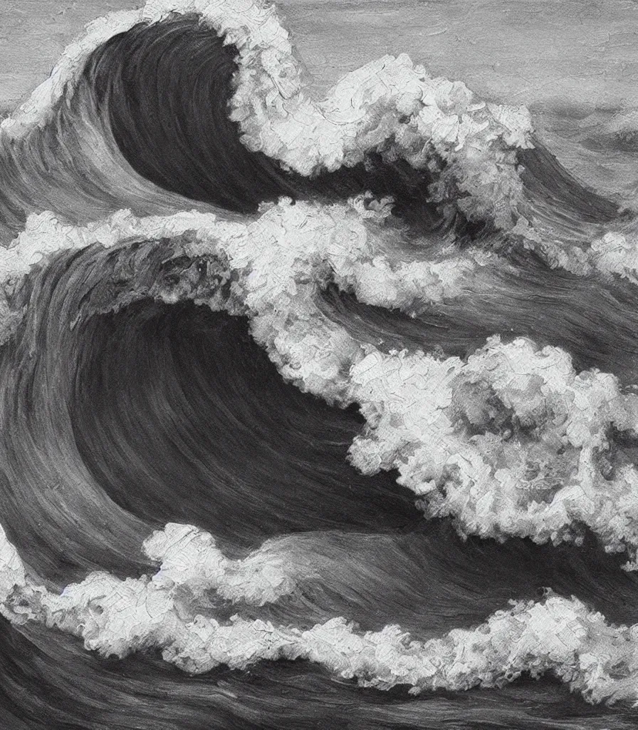 Image similar to an impasto oil painting of one single beautiful hawaiian wave painted by albrecht durer, monochromatic color scheme, high detail, breathtaking wave, lineart, line art, soft colors, simplicity