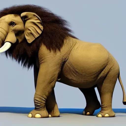 Prompt: a new creature that looks like a combination between an elephant and a lion, has a trunk and big ears yet also fur and a beautiful mane, very furry , concept art, trending on artstation 3D.