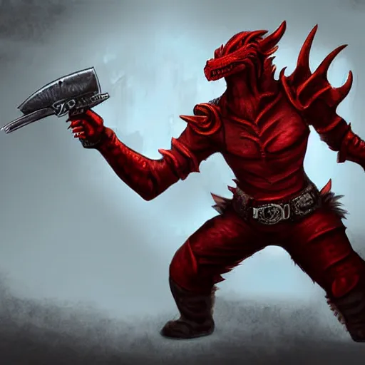 Prompt: A red dragonborn wearing a leather jacket and pointing an old pistol at the viewer. Full-body. D&D. digital art.