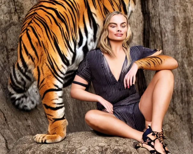 Image similar to A photo of margot robbie sitting on a tiger, highly detailed, detailed face, beautiful face, blue eyes, 4k, hd, sharp, cinematic