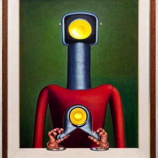 Image similar to super - intelligent robot with kind eyes portrait, grant wood, pj crook, edward hopper, oil on canvas