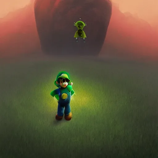 Prompt: professional fantasy art of new mario brother in green overalls, long thin drooping dangling mustache, very sad face, looking at viewer, professional art, dnd, fantasy art, red moon, matte painting, zdislaw beksinski, volumetric lighting, unreal engine 5, very detailed art