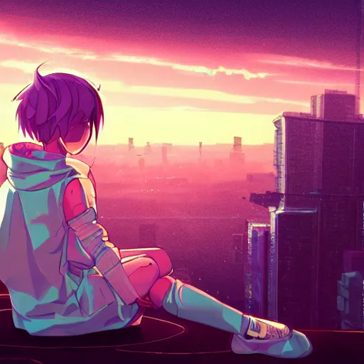 Prompt: android mechanical cyborg anime girl child overlooking overcrowded urban dystopia sitting. Pastel pink clouds baby blue sky. Gigantic future city. Raining. Makoto Shinkai. Wide angle. Distant shot. Purple sunset. Sunset ocean reflection. Pink hair. Pink and white hoodie. Cyberpunk. featured on artstation robotic