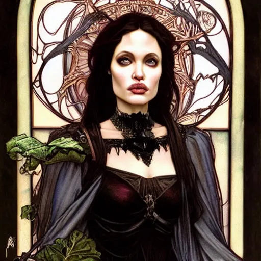Prompt: realistic detailed face portrait of young Angelina Jolie as a Gothic Vampire Queen by Alphonse Mucha, Ayami Kojima, Amano, Charlie Bowater, Karol Bak, Greg Hildebrandt, Jean Delville, and Mark Brooks, Art Nouveau, Neo-Gothic, Surreality, gothic, rich deep moody colors