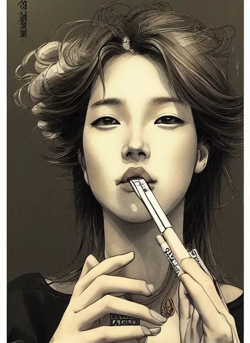 Image similar to portrait of a beautiful girl smoking a cigarette, by takehiko inoue and kim jung gi and hiroya oku, masterpiece illustration, ultrarealistic, perfect hands, perfect face and anatomy, golden ratio