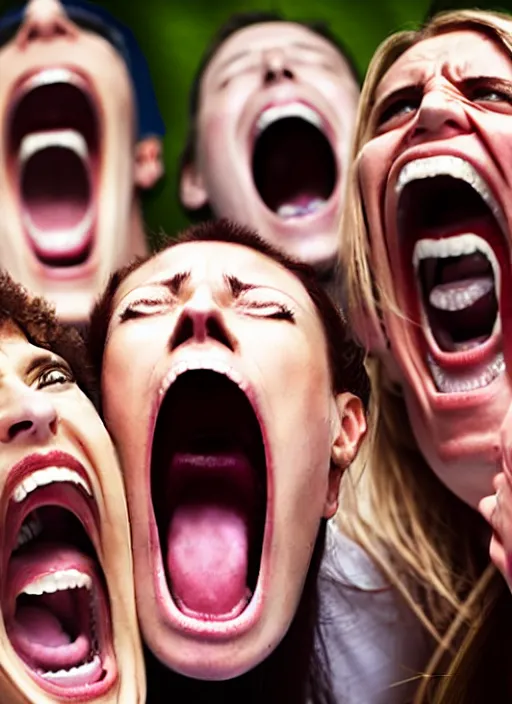 Prompt: photograph of the screaming faces of people who do not exist yet, large mouth, gaping maw