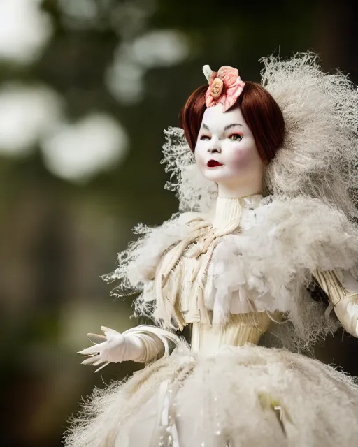 Image similar to high quality presentation photo of bjork as a porcelain doll, photography 4k, f1.8 anamorphic, bokeh, 4k, Canon, Nikon