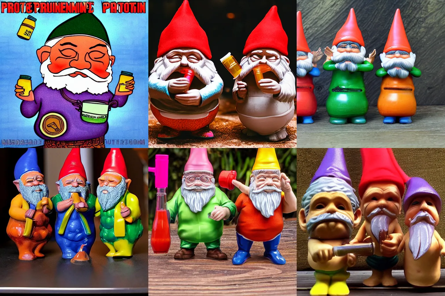 Prompt: dmt gnomes chugging protein shakes