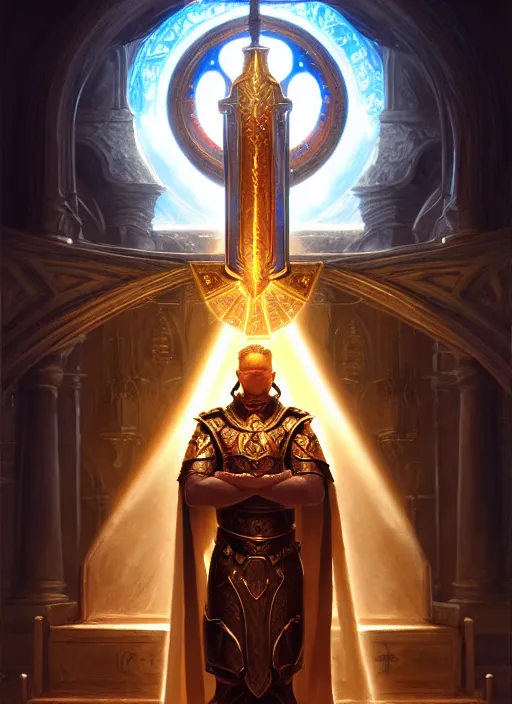 Prompt: portrait of uther the paladin, intricate, elegant, god rays, blessed altar, holy glowing lights, highly detailed, digital painting, artstation, concept art, smooth, sharp focus, illustration, art by wlop, mars ravelo and greg rutkowski