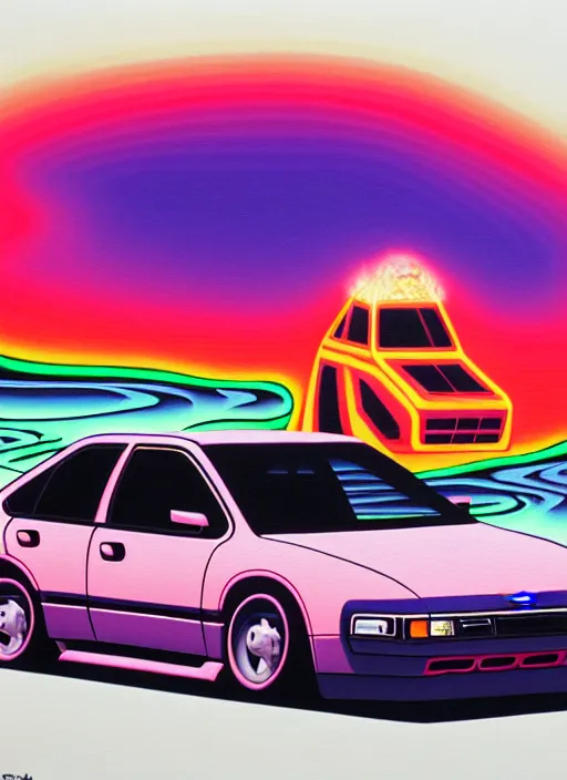 Image similar to cute burning wrecked ford taurus by shusei nagaoka, kaws, david rudnick, airbrush on canvas, pastell colours, cell shaded, 8 k