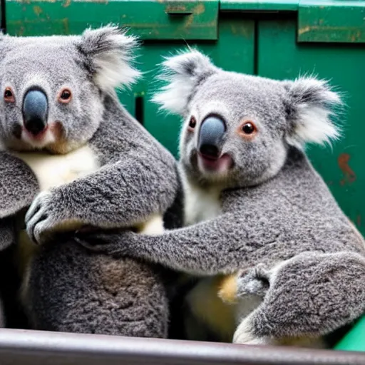 Prompt: group of koala bears inside dumpster