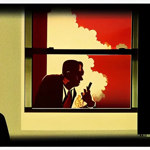 Prompt: Mr. House looks at the nuclear explosion from the window of the Lucky 38 Casino and smokes a cigar; ultra HD, realistic, retro, 45mm, elegant