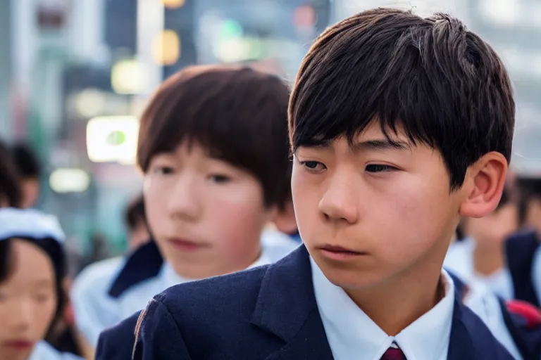 Prompt: close up photo of a japanese middle school boy wearing his school uniform at shibuya crossing, red weapon 8 k s 3 5, cooke anamorphic / i lenses, highly detailed, cinematic lighting