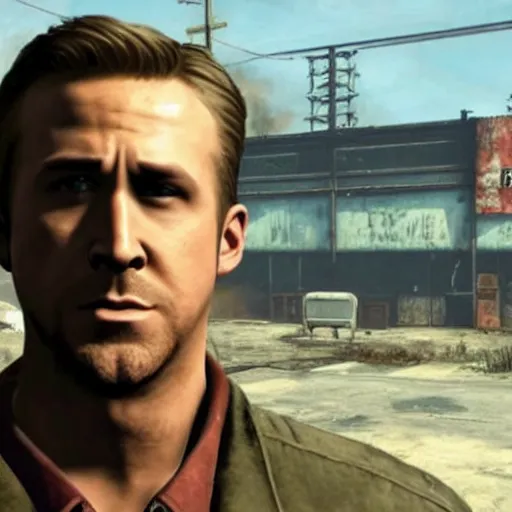 Image similar to ryan gosling in fallout 4 sneaks