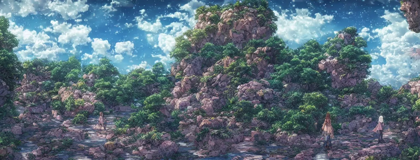 Prompt: a beautiful, dreamy, wistful sky filled with raining rocks. hyperrealistic anime background illustration by kim jung gi, colorful, extremely detailed intricate linework, smooth, super sharp focus, bright colors, high contrast, matte, octopath traveler, unreal engine 5 highly rendered, global illumination, radiant light