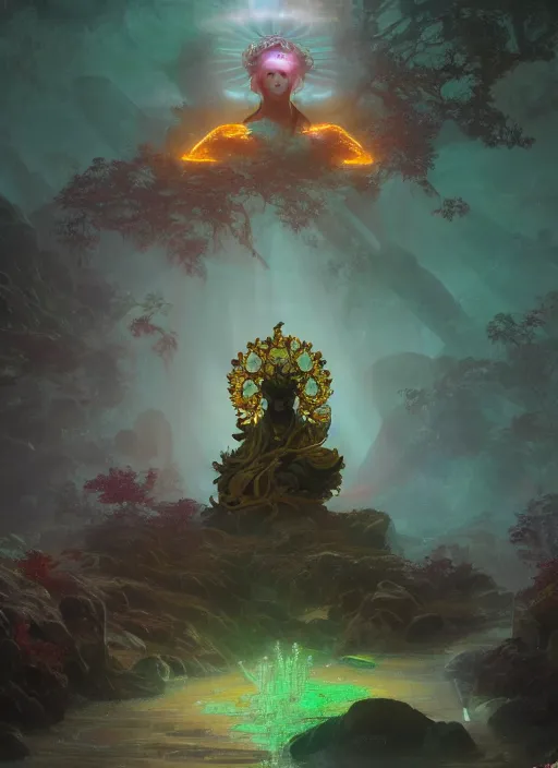 Prompt: Gigantic Stone Deity with a halo made of fluorescent mushrooms and antlers, flowing robes and translucent leaves, extremly detailed digital painting, in the style of Fenghua Zhong and Ruan Jia and jeremy lipking and Peter Mohrbacher, mystical colors, rim light, beautiful lighting, 8k, stunning scene, raytracing, octane, trending on artstation