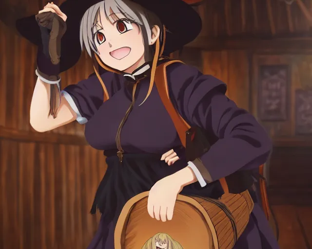 Image similar to key anime visual portrait of a young female witch carrying a backpack in a tavern interior, dynamic pose, dynamic perspective, cinematic, dramatic lighting, muted colors, fine detail, textured, big detailed eyes, anatomical proportions