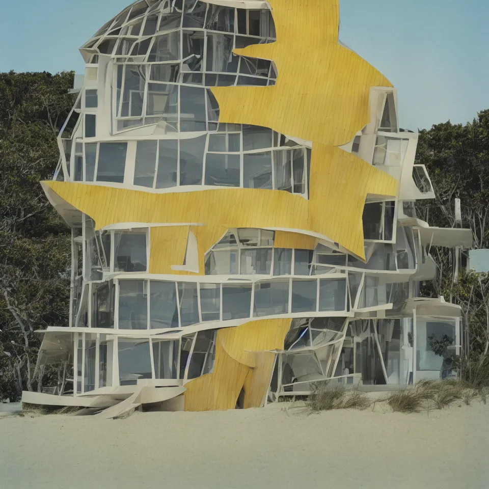 Prompt: architecture ad for a mid-century modern house on the beach, one story mini house, designed by Frank Gehry. Film grain, cinematic, colorized, yellow hue