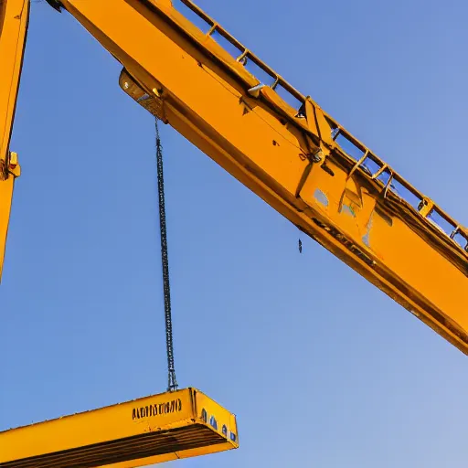 Image similar to high quality, digital photography of a crane lifting a container, shot from the ground, looking up, close shot, clear sky