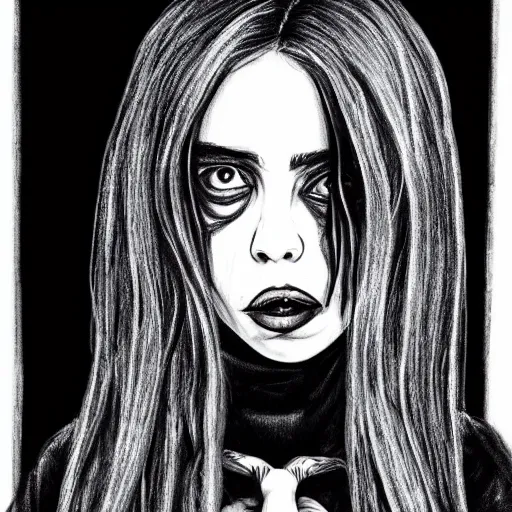 Image similar to grunge drawing of billie eilish in the style of jack skellington