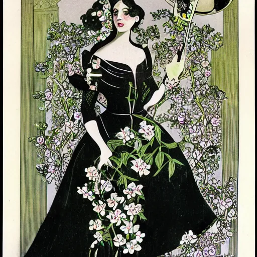 Prompt: a royal portrait of a cyborg woman. she holds a globe in one hand and flowers in the other. illustrated by burton rice. black orchids. 1 9 1 2.