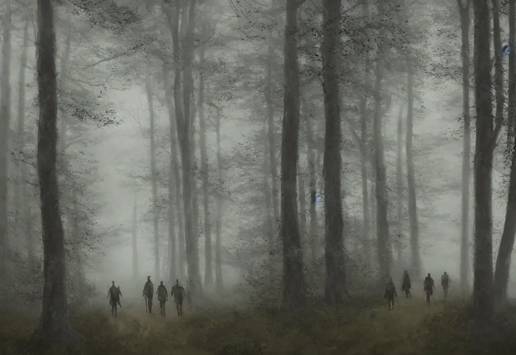 Prompt: side view of musketeers walking in a forest, foggy, rain, gloomy, mysterious, artstation, jakub rozalski, high detail
