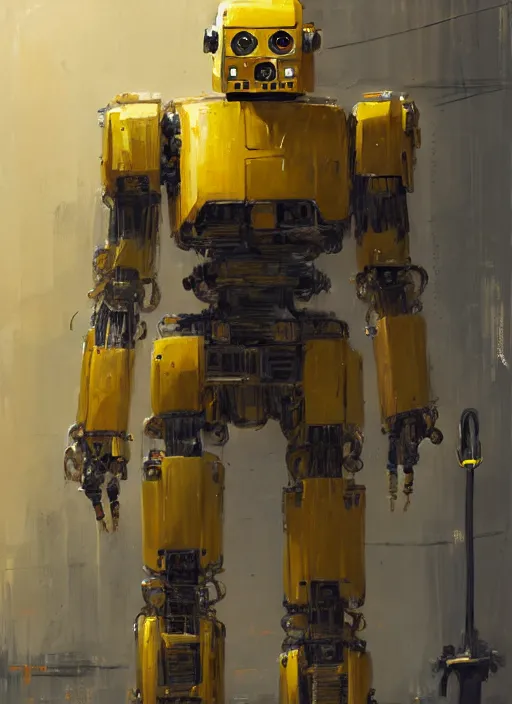 Prompt: human-sized strong intricate yellow pit droid, pancake short large head, cables, painterly humanoid mecha, by Greg Rutkowski