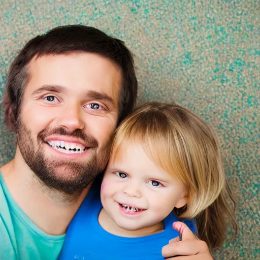 Prompt: half-lenght portrait of a father with child. matte background. 8x