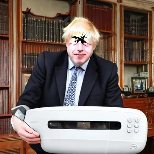 Image similar to Boris Johnson showing off his Nintendo Wii, happy shocked facial expression, 4k, 8k