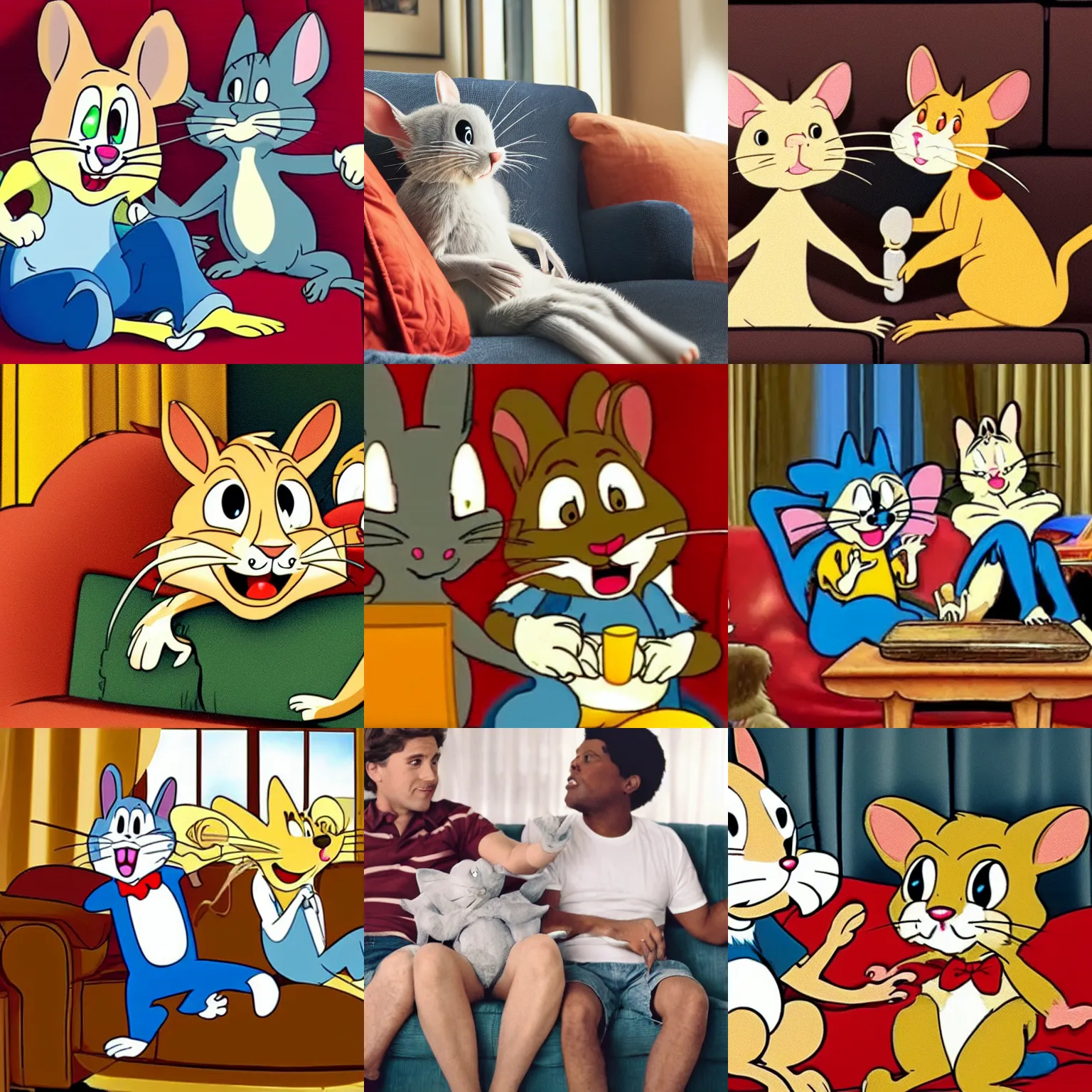 Prompt: Tom and Jerry sitting on the couch watching Netflix