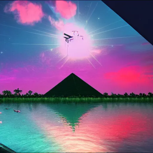 Image similar to Mayan pyramids viewed from a lake with ufos on the sky, retrowave art,cyberpunk,trending on art station,4k