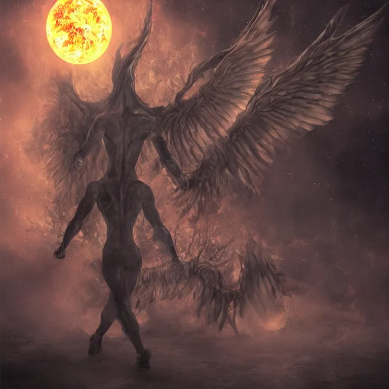 Image similar to a demon with huge nacreous fire wings, standing in shadows of the cosmic glowing sun behind, realistic horrors, cosmic dark vibes evil incarnate, photo pic by hyperrealism