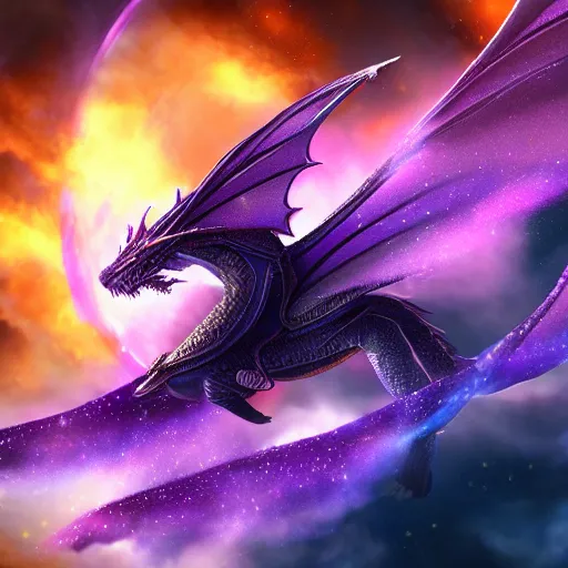 Prompt: a purple star galaxy dragon flying through nebulous space, trending on artstation, digital art, 4k, high detail, cinematic, cinematic lighting, high detail, realistic