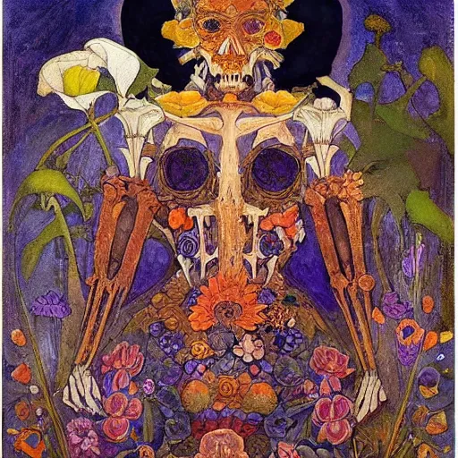 Image similar to the queen of flowers and bones, by Annie Swynnerton and Nicholas Roerich and Diego Rivera, bioluminescent skin, elaborate costume, geometric ornament, symbolist, cool colors, smooth, sharp focus, extremely detailed