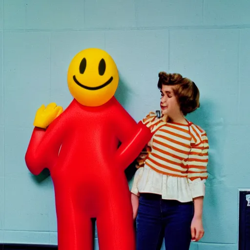 Prompt: teenage girl holds hands with smiley inflatable boyfriend at high school, 1978 color John Waters film, in school hallway, dirty walls, archival footage, technicolor film, 16mm, live action, Fellini, campy