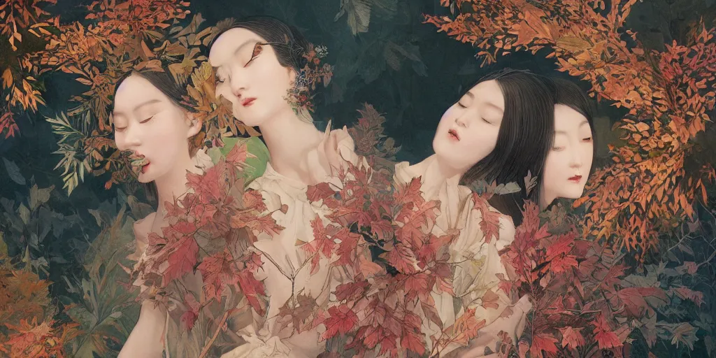 Image similar to breathtaking detailed concept art painting blend of two goddess of autumn leaves by hsiao - ron cheng with anxious piercing eyes, vintage illustration pattern with bizarre compositions blend of flowers and fruits and birds by beto val and john james audubon, exquisite detail, extremely moody lighting, 8 k