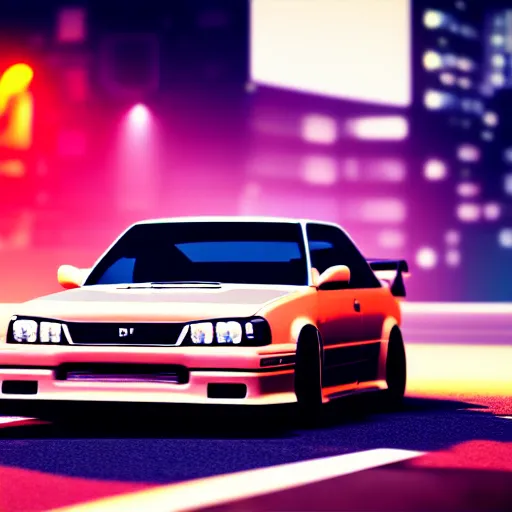 Image similar to a car drifting JZX100 on Ebisu Circuit, Shibuya prefecture, city sunset, cinematic color, photorealistic, highly detailed, bokeh, DOF, octane render