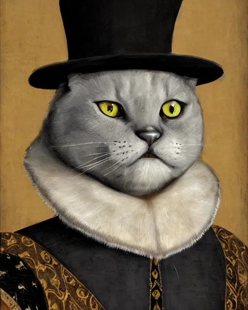 Image similar to fat gray cat with yellow eyes dressed like henry viii, tudor period menswear, colorful, hans holbein the younger, greg rutkowski, royal portrait, painting