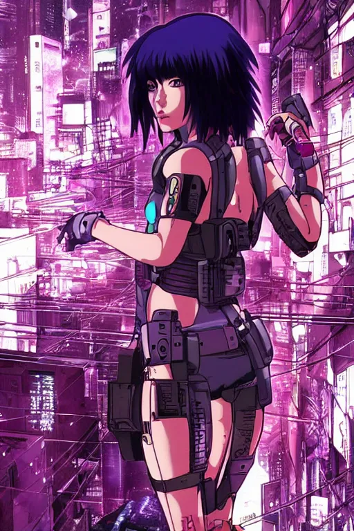 Prompt: beautiful cyberpunk anime style illustration of motoko kusanagi seen in a tech labor with her back open showing a complex mess of cables and wires, by masamune shirow and katsushiro otomo, studio ghibli color scheme
