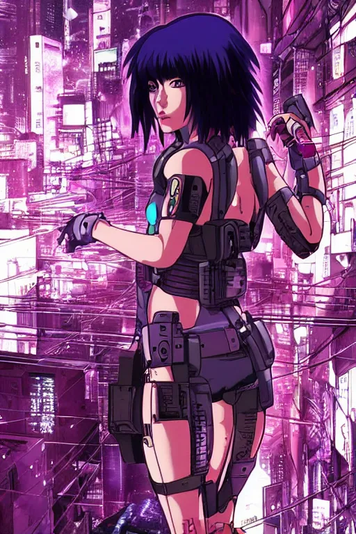 beautiful cyberpunk anime style illustration of motoko