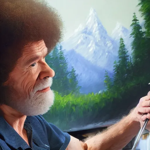 Image similar to a closeup photorealistic photograph of bob ross working on a canvas painting of spiderman. film still. brightly lit scene. mountains and trees. this 4 k hd image is trending on artstation, featured on behance, well - rendered, extra crisp, features intricate detail, epic composition and the style of unreal engine.