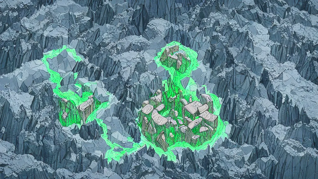 Prompt: Aerial view of a wizard tower surrounded by an ice cave to the west, a fire cave to the east, a emerald mine to the north and a diamond mine to the south, lineart, colored