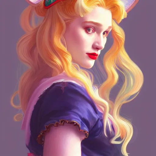 Prompt: Kate Dennings with blonde hair as Sailor Moon, western, D&D, fantasy, intricate, elegant, highly detailed, digital painting, artstation, concept art, matte, sharp focus, illustration, art by Artgerm and Greg Rutkowski and Alphonse Mucha